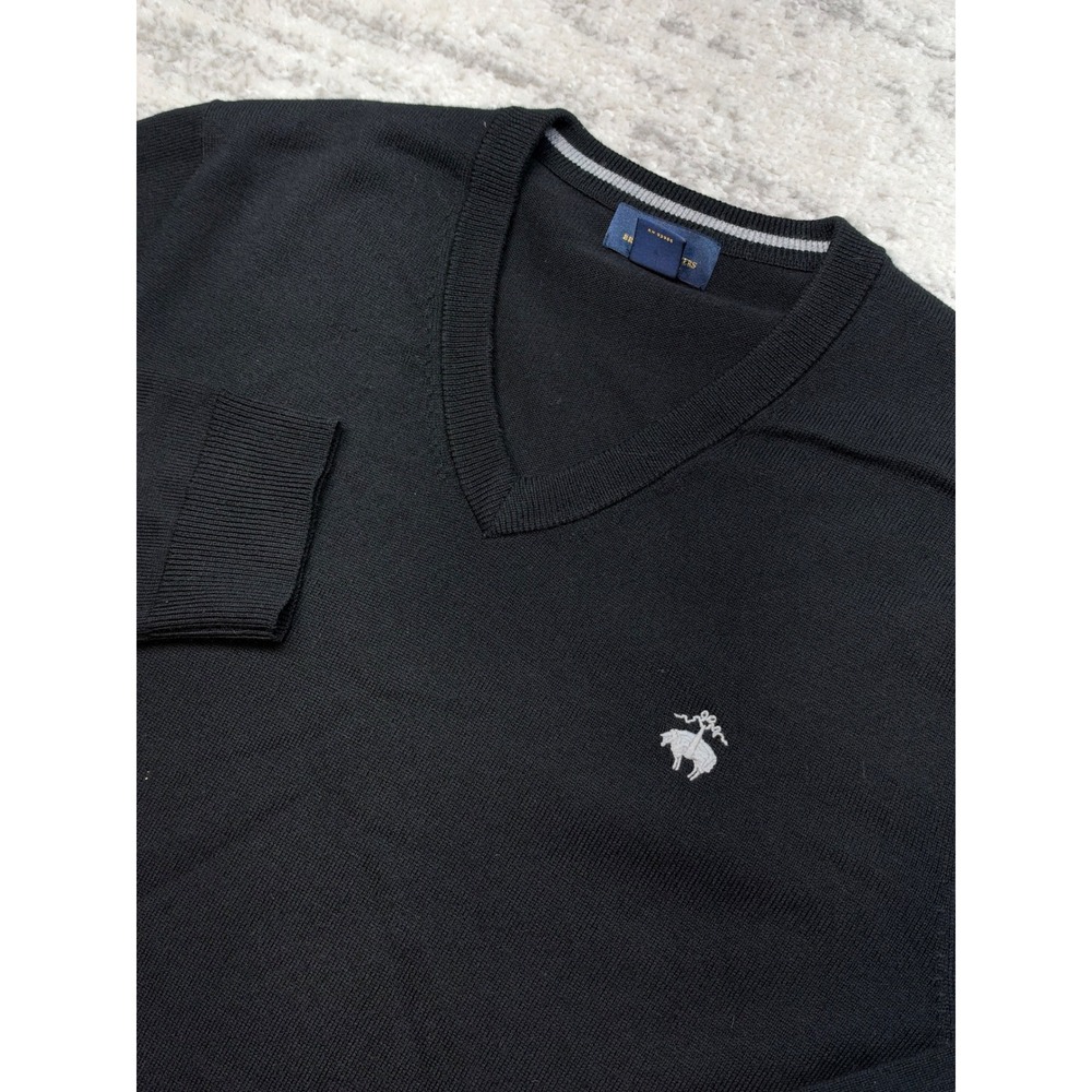 Brooks Brothers Sweater Men M Black Extra Fine Merino Wool V-Neck Pullover Logo